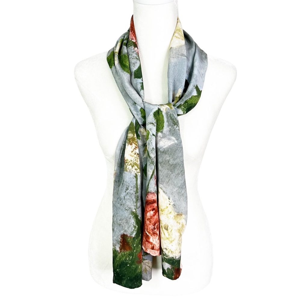 Inspiring Impressionism 100% Silk Smoky Blue Floral Neck Scarf 56”x12”
